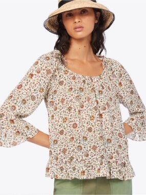 Tory Burch Cream Floral Ruffle-Trim Peasant Blouse